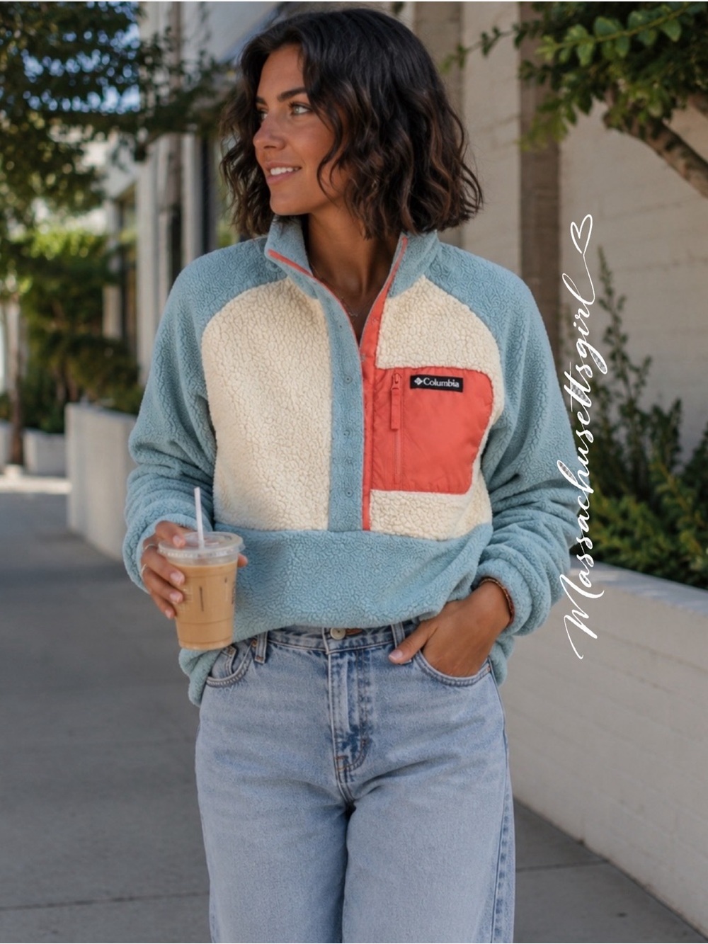 Columbia Colorblock Fleece Pullover Blue Cream Coral Snap Closure Size Medium